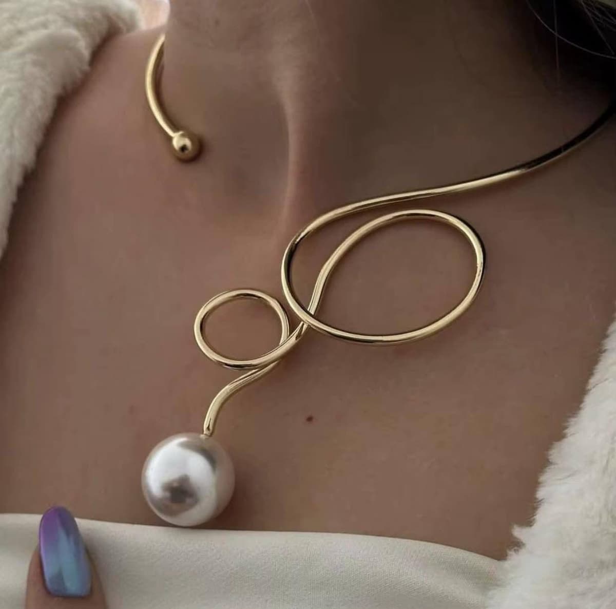 Abstract Wave Pearl Torc Choker Necklace